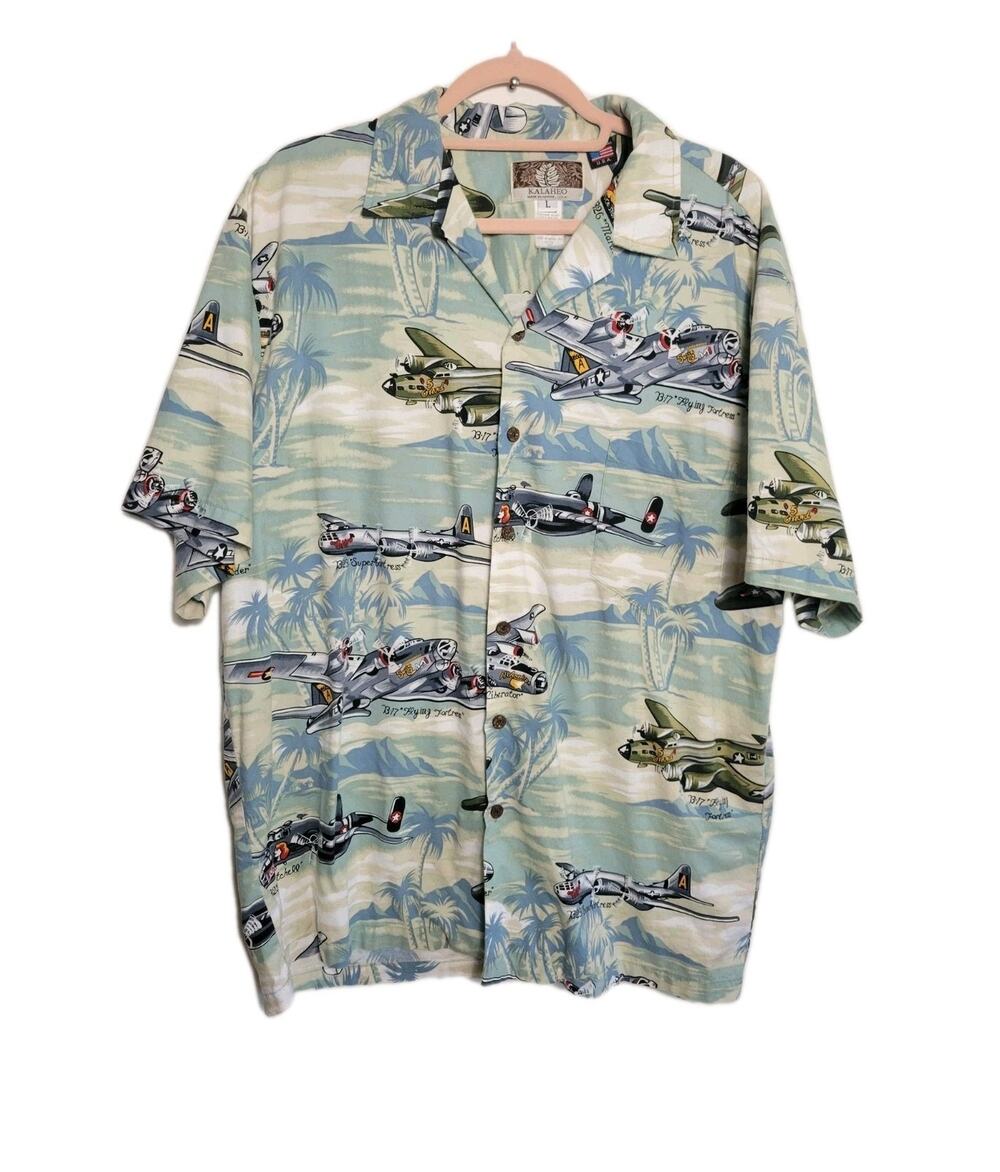 Kalaheo Large Mens Shirt Hawaiian Camp Fighter Bomber Airplane USA 24x29